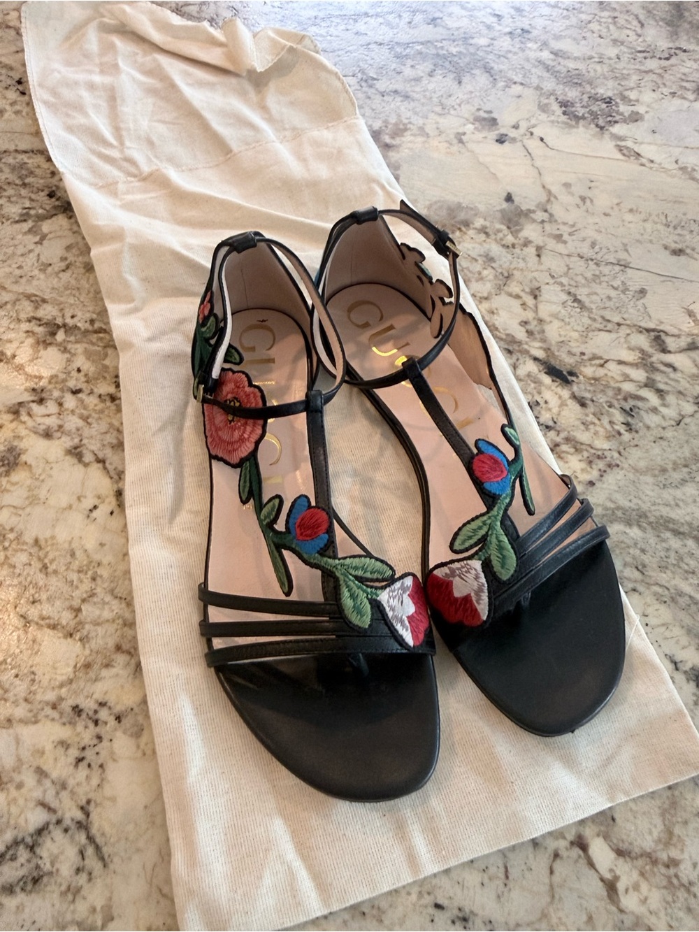 Gucci Black Leather T-Strap Sandals with Multicolor Floral Embroidery